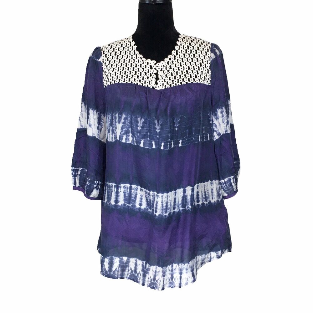 Calypso St Barth MED Tunic Top 100%‎ Silk Tie Dye Navy Blue Violet White Crochet